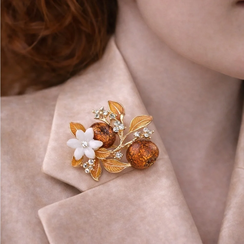 Orange Floral Gold Brooch